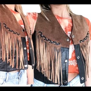 Vintage Genuine Leather Blck & Brown Fringe Vest M